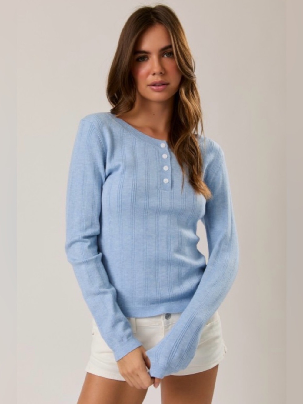 152. Le Lis Light Blue Ribbed Henley Long Sleeve Top